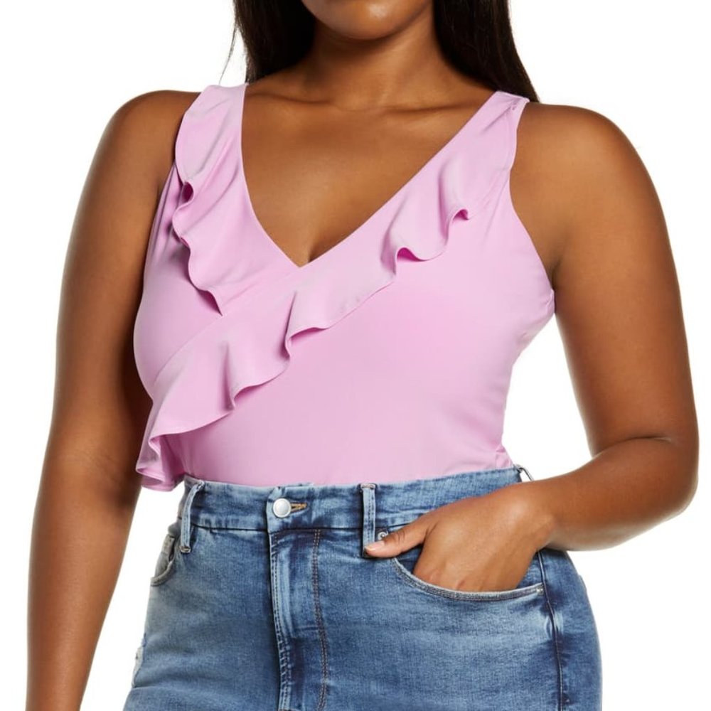 NWT Leith Ruffle Bodysuit, Purple Lily, 1X